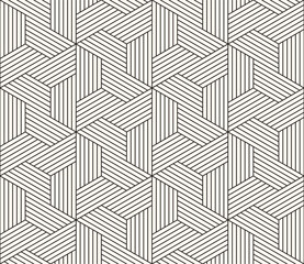 Monochrome seamless intricate geometric pattern background composed of hatched hexagons, creating a dynamic optical illusion of three-dimensional cubes vector illustration.
