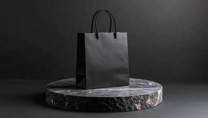 a black paper bag placed on a textured circular stone