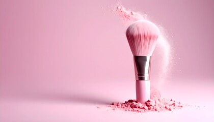 Vibrant pink makeup brush with and fine pink powder on a soft blush pink background, large space for copy