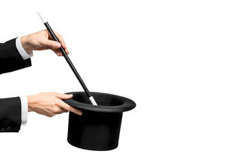 Magician in white gloves holding a wand over a top hat isolated on transparent background
