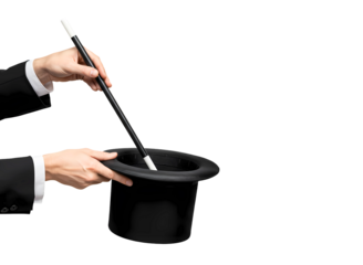 Magician in white gloves holding a wand over a top hat isolated on transparent background