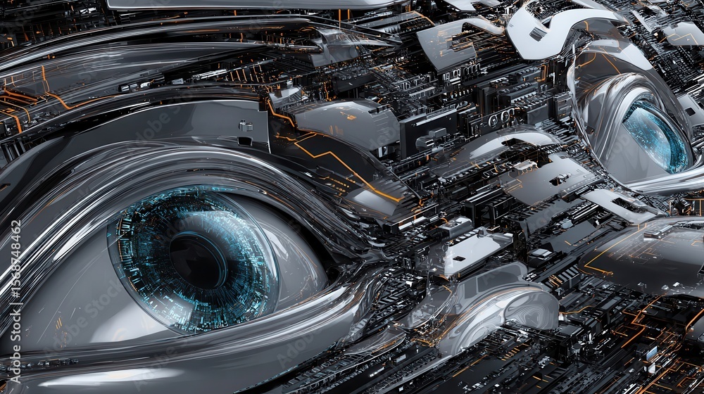 Poster detailed view of a futuristic eye embedded in a complex mechanical structure.