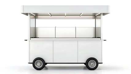 3D template street vending cart design concept A minimalistic white food cart with an open serving area on wheels.