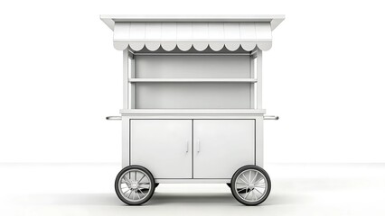3D template street vending cart design concept White food cart with shelves and wheels, suitable for street vending or outdoor events.