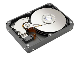 Opened internal computer hard disk drive with read write head isolated on transparent background