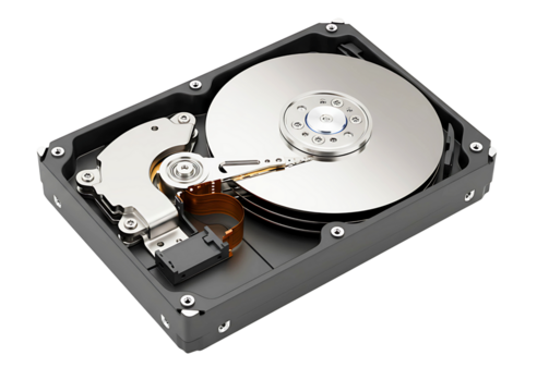Opened internal computer hard disk drive with read write head isolated on transparent background