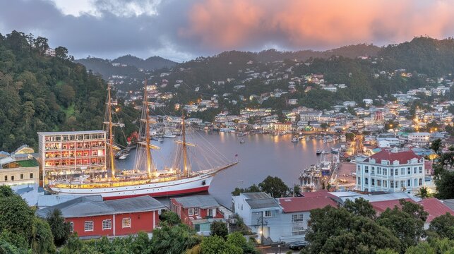 Picturesque Harbor View of St. George's, Grenada, at Dusk with Illuminated Tall Ship