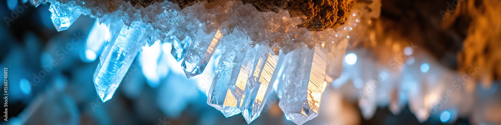 Poster cluster of quartz crystals in cave setting