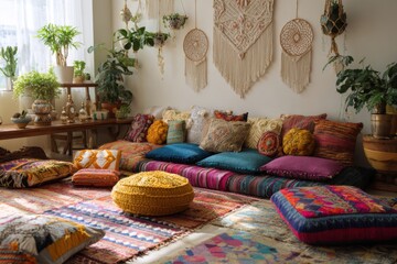 Cozy Bohemian Living Room with Colorful Cushions and Textiles