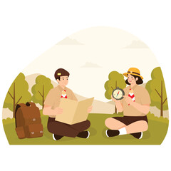 Scout Activity Illustration. Vector illustration of A scout boy reading a map while a scout girl uses a compass to navigate in the wild. Isolated on background