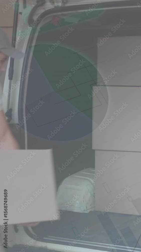 Poster statistical data processing against caucasian delivery man stacking boxes in his delivery van