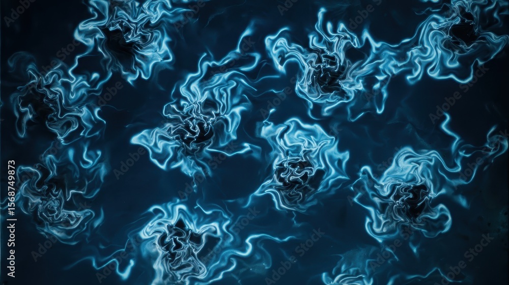 Poster abstract design with flowing patterns in deep blues and blacks.