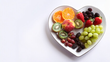 delicious heart shaped plate of healthy snack of fresh fruits orange kiwi grapes strawberries on a white background Generated Image