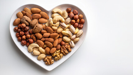 Heart shaped snack plate with variety of nuts peanuts almonds cashews on white background Generated Image