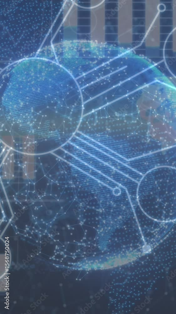 Poster digital animation of data processing over globe of network of connections against blue background