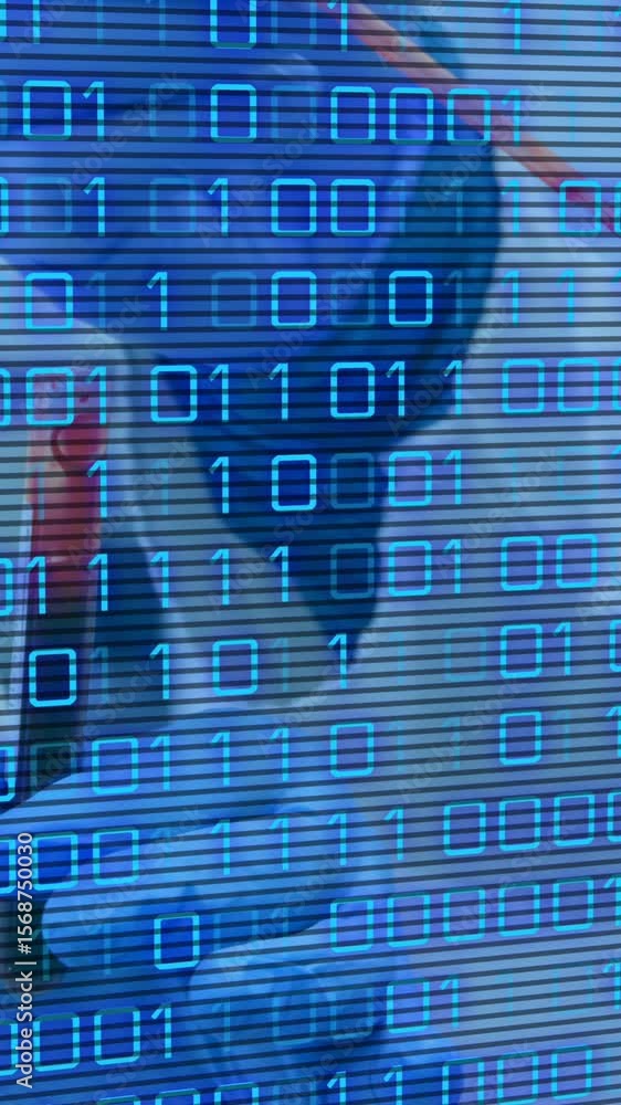 Poster animation of binary code over hands of lab workers