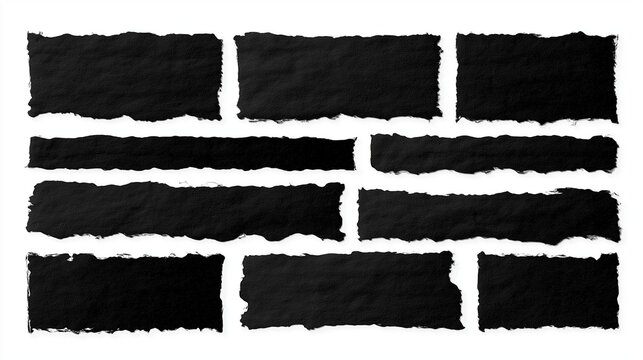 set - collection of torn black paper isolated on white background. ripped paper strips with jagged edges for collage, text and messages, Vector illustration, flat lay.