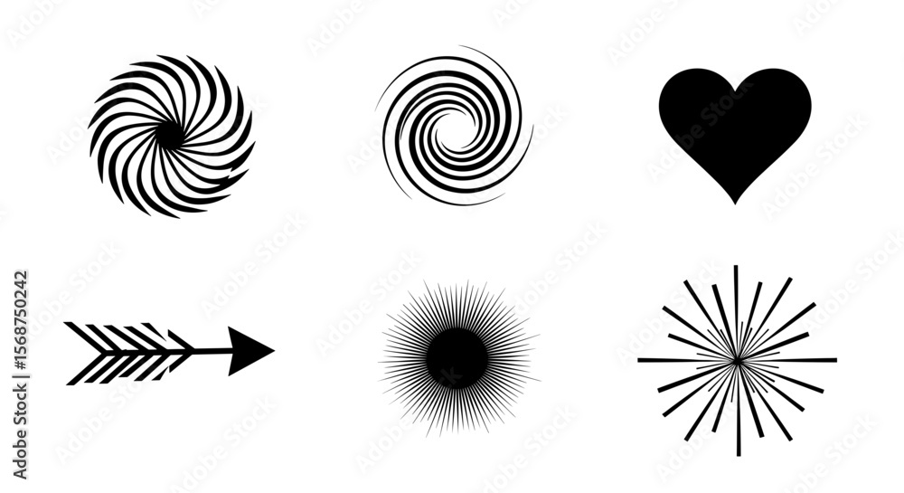 Poster collection of spiral shapes heart arrow and burst designs arranged in a graphical layout format