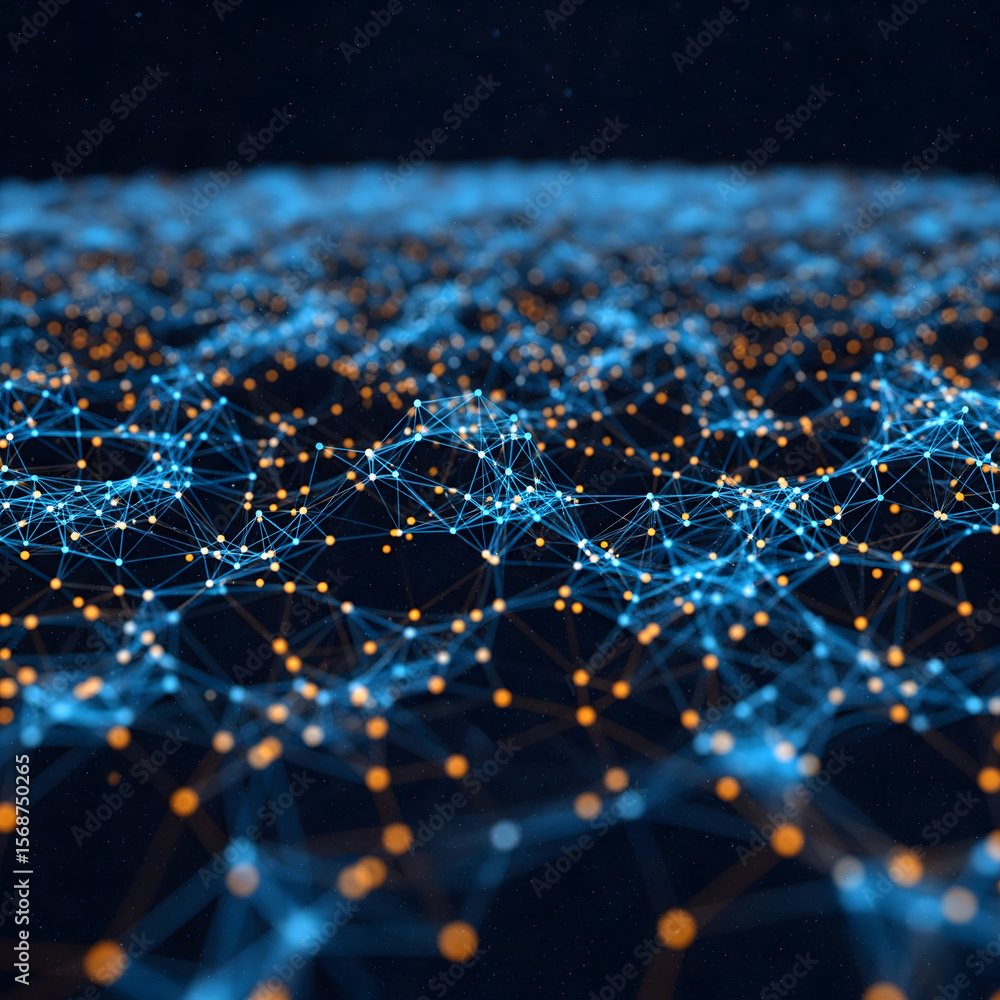 Poster an intricate digital network with glowing blue and orange nodes connected by lines, forming a comple