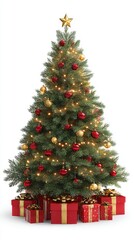 Christmas Tree with Red and Gold Ornaments and Presents on a White Background for the Holidays