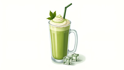 Green Iced Matcha Latte Beverage Vector Illustration with Ice Cubes on White Background