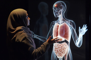 A woman try to communicate with skeleton hologram for future ai medical