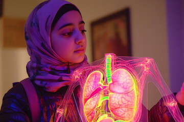 woman doctor inspect the holographic body for medical 