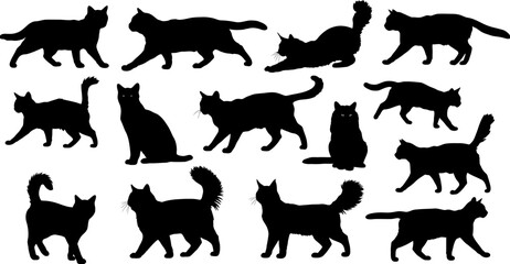 Black cat silhouettes vector set, domestic feline animal poses, walking, sitting, stretching, vector art
