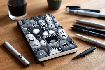 Black notebook with grayscale monsters