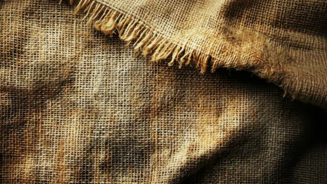 Close-up view of textured burlap fabric with frayed edges, showcasing earthy tones and patterns