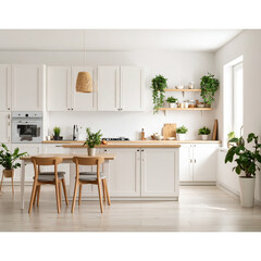 Fototapeta premium Modern scandinavian kitchen, bright spacious interior design wallpaper. Minimalist cozy home, copy space, chic sleek style 