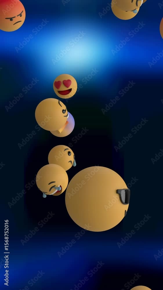 Poster digital animation of multiple face emojis floating over blue spots of light on black background