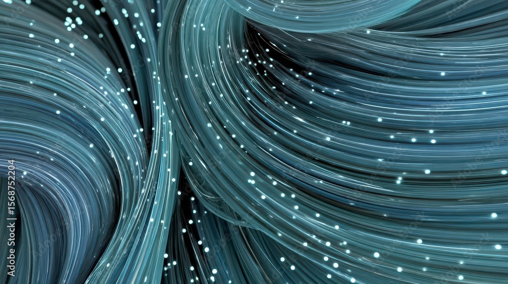 Poster abstract design of swirling, translucent lines with embedded light particles.