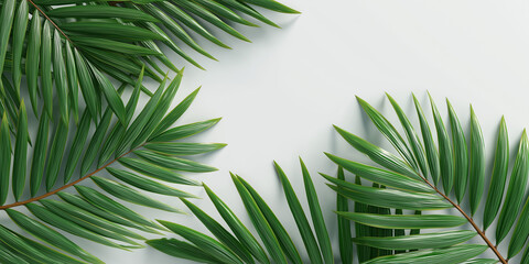 Palm leaves opposite sides of the screen on a white background, realistic.