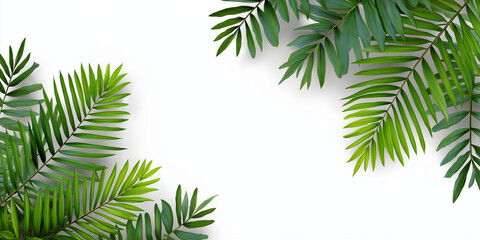 Palm leaves opposite sides of the screen on a white background, realistic.