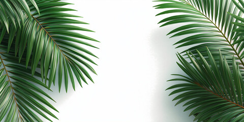 Fototapeta premium Palm leaves opposite sides of the screen on a white background, realistic.