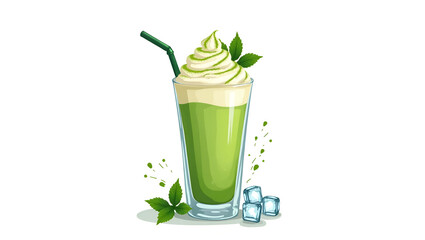Vector Drawing of Iced Matcha Latte in a Glass Cup on Clean White Background