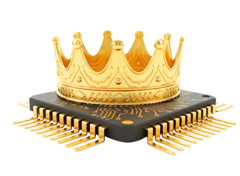 Golden crown resting on a computer microchip on a pedestal isolated on transparent background
