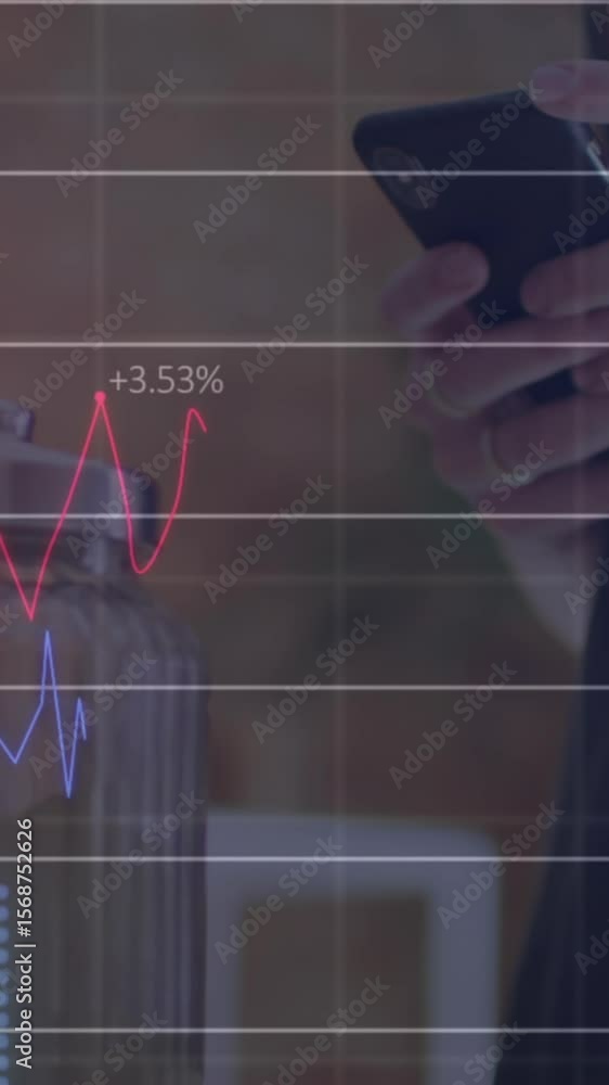 Poster animation of data processing over hands using smartphone in cafe