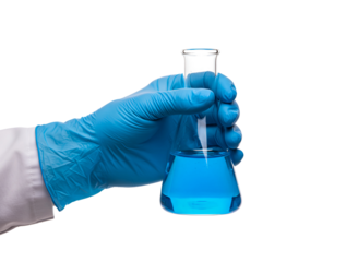 Hand wearing blue glove holding laboratory flask with blue liquid isolated on transparent background