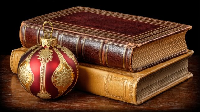 Two antique books stacked with a decorative Christmas ornament on a wooden surface