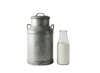 Vintage metal milk can and glass bottle of fresh milk isolated on transparent background