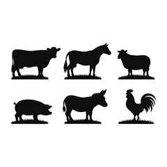Six black silhouettes of farm animals, including a cow, horse, sheep, pig, donkey, and rooster.
