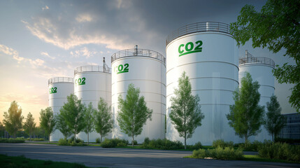 CCUS carbon solution. Capture climate. Storage energy. Emission sustainability. Industrial CO2 storage tanks surrounded by trees under a cloudy sky.