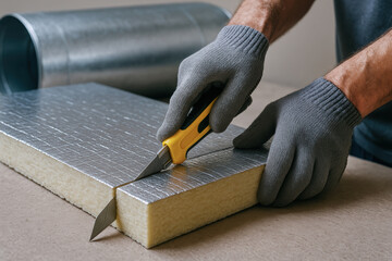 Insulation material being cut with utility knife for air duct installation engineering and industry work ensuring efficient airflow