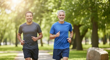 Two Happy Men of Different Ages Running in a Park