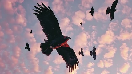 Eagles ascend into twilight sky, wings silhouetted against pastel clouds creating a serene scene