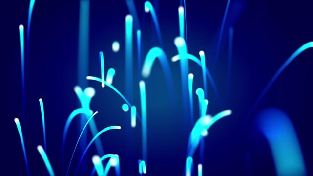 Bundles of abstract optical fiber lines. Bright light signals quickly transmit data for high speed internet connection. Technology and internet concept. 3d render