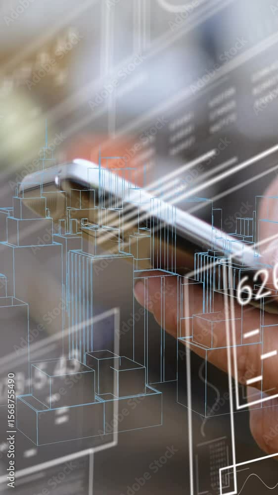 Poster animation of data over hands of caucasian man using smartphone