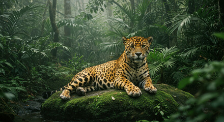 Jaguar resting on mossy rock in tropical rainforest